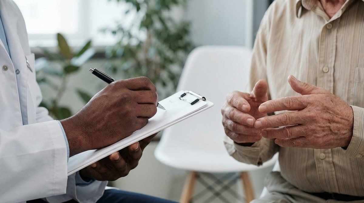Médecin note des informations tandis qu'un patient communique verbalement dans un cabinet médical Médecin note des informations tandis qu'un patient communique verbalement dans un cabinet médical