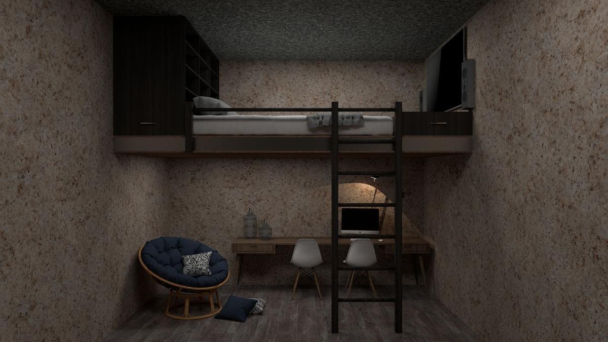 Chambre avec lit mezzanine, bureau, chaise, téléviseur, fauteuil, coussins Chambre avec lit mezzanine, bureau, chaise, téléviseur, fauteuil, coussins