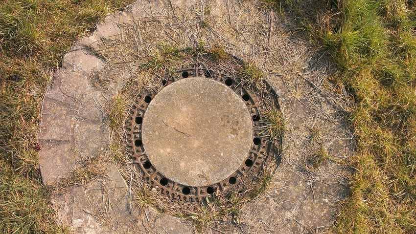 Cercle de béton avec grillage entouré d'herbe sur sol